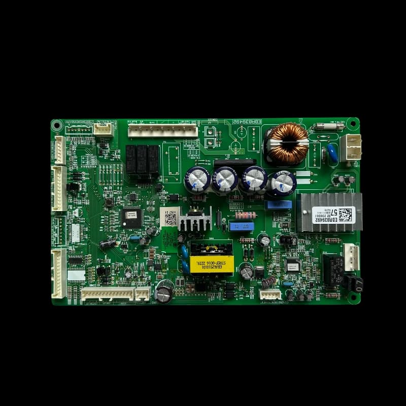 tarjeta main lg ebr83949257 para refrigerador original vista superior con relés capacitores bobina y transformador