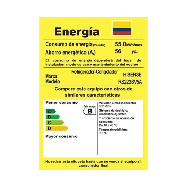 onsumo y eficiencia energética del Nevecon Hisense RS223SV5A Etiqueta de eficiencia energética del Nevecon Hisense RS223SV5A