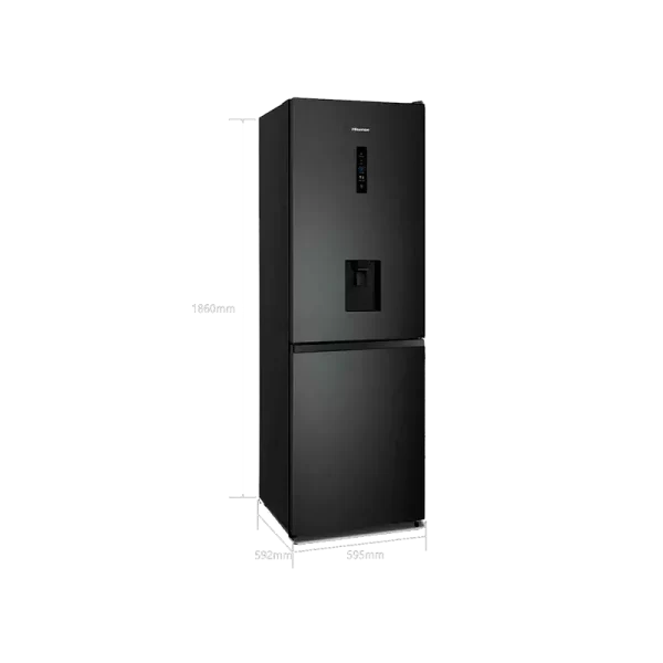 Dimensiones y diseño lateral de la Nevera Hisense. Vista lateral de la nevera Hisense 300 litros con dimensiones detalladas.