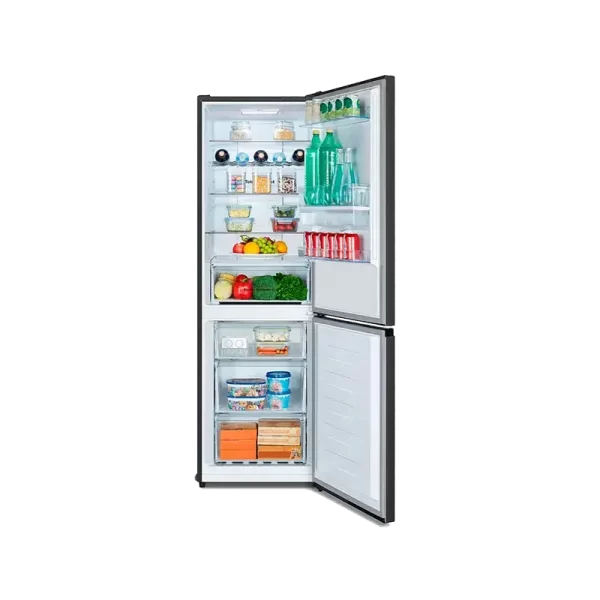 Organización interna en la Nevera Hisense 300L. Nevera Hisense 300 litros con alimentos organizados en su interior.
