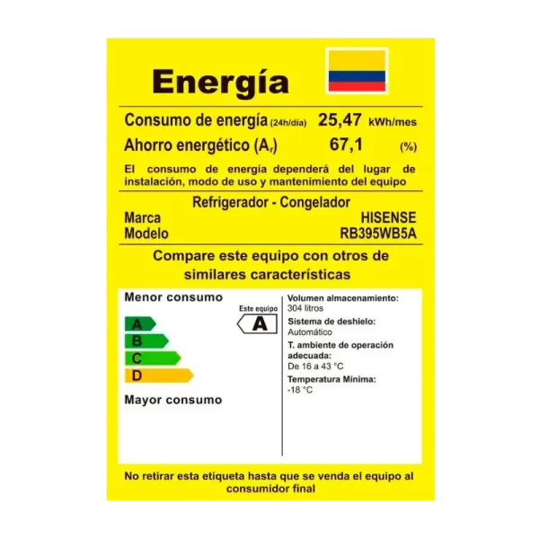 Eficiencia energética A en la Nevera Hisense 300L. Etiqueta de eficiencia energética A para la nevera Hisense de 300 litros.