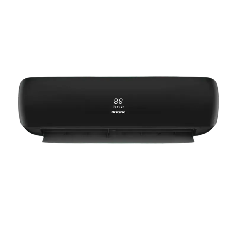 Aire Acondicionado Hisense Luso Premium Inverter 12.000 BTU Aire Acondicionado Hisense Luso Premium Inverter 12.000 BTU 220V, diseño elegante en negro con control Wi-Fi y tecnología de ahorro energético.