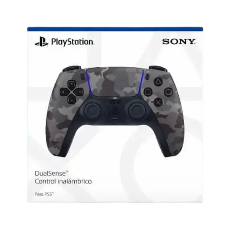 Control inalámbrico DualSense de Sony para PS5, edición camuflaje, presentado en su caja original.