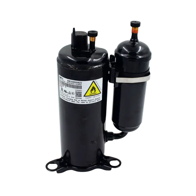 Compresor rotativo inverter Midea KSK103D33UEZ3 con etiqueta técnica y advertencia visible