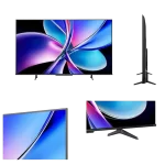 Televisor Hisense Q7QG 65″ – Vistas frontal, lateral y detalles del diseño Diseño del televisor Hisense Q7QG de 65 pulgadas en vista frontal, lateral y angular