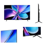 Diseño del TV Hisense QLED 85″ 85Q7QG | Vista frontal, lateral y detalles estéticos Vistas del Televisor Hisense 85Q7QG QLED 85 pulgadas en ángulo frontal, lateral y detalles de diseño