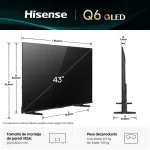 Medidas del televisor Hisense Q6 QLED 43″ 4K con soporte y vista lateral Dimensiones del televisor Hisense QLED 4K 43Q6QV de 43 pulgadas con medidas y peso