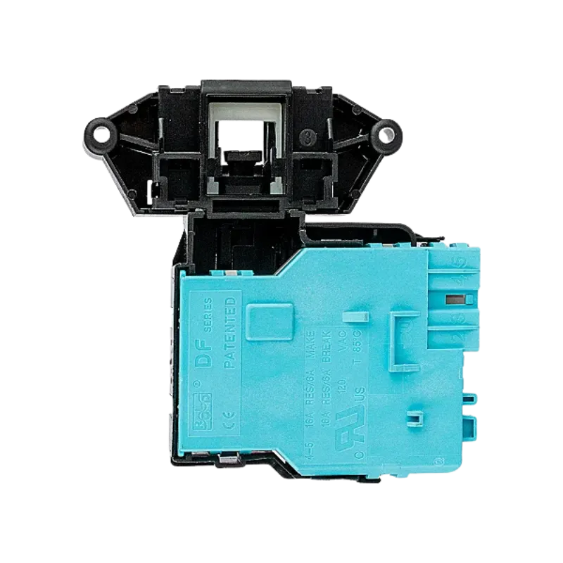 Vista superior del bloqueador de puerta para lavadora LG EBF49827801, mostrando el pestillo abierto, los puntos de fijación y las especificaciones técnicas en la carcasa azul.