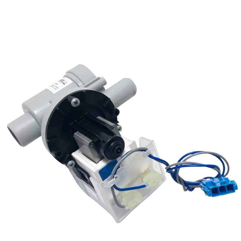 Bomba de drenaje LG AHA74873603 vista inferior con doble salida de agua y conectores eléctricos.