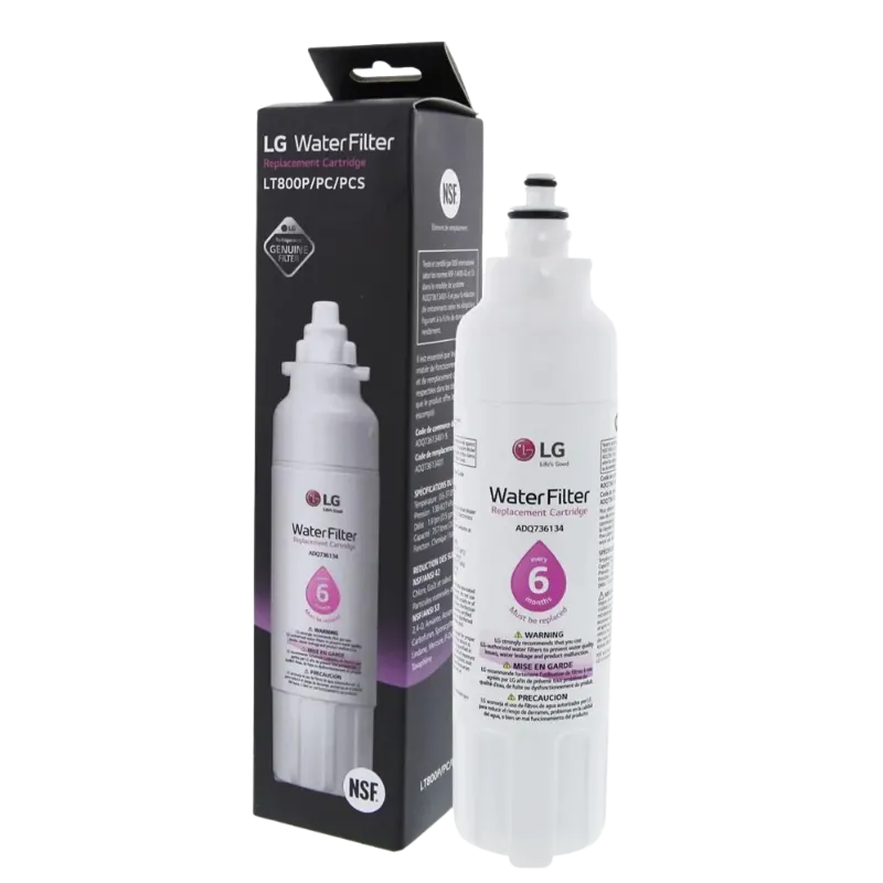Empaque original del filtro LG LT800P ADQ736134 con código de autenticidad Filtro de Agua LG LT800P ADQ736134 con empaques originales y código de autenticidad visible