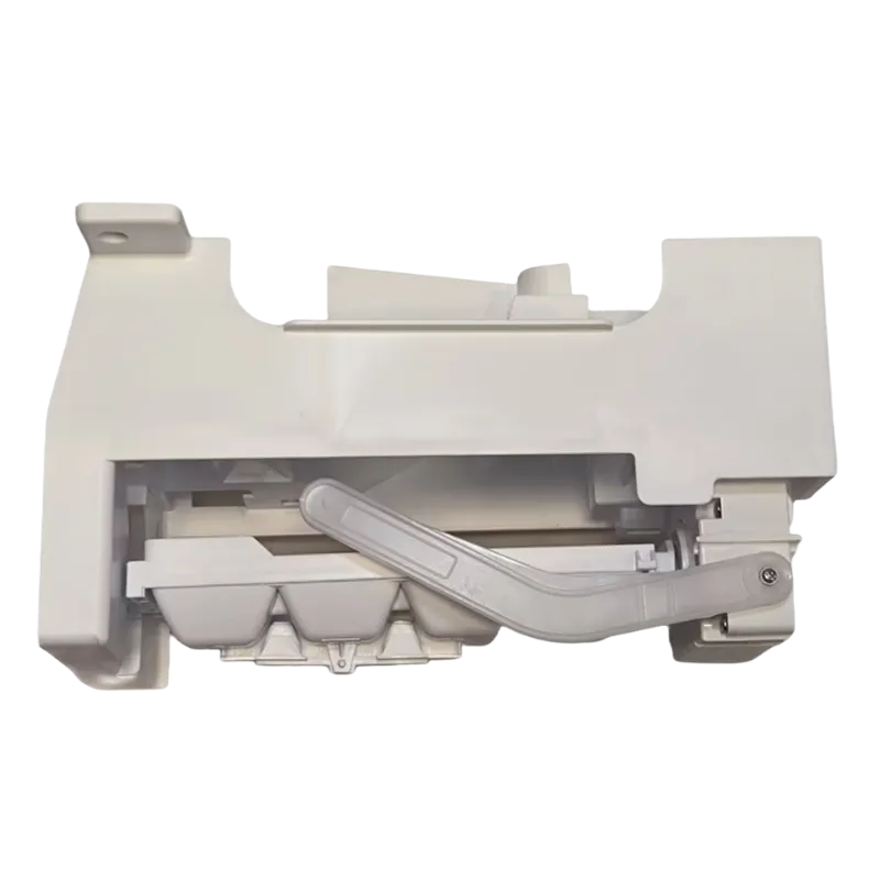 Fábrica de Hielo para Refrigerador LG | Repuesto Original 5989JQ1001H Vista frontal del Kit de Fábrica de Hielo LG 5989JQ1001H, mostrando el molde para cubos y el brazo eyector de plástico.