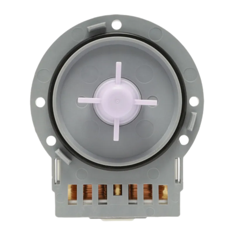 Vista frontal del Motor Bomba de Circulación LG EAU61383503 mostrando la hélice de cuatro aspas y los conectores eléctricos para lavadora.