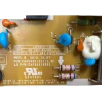 Etiqueta EAY64310501 con PCB EAX66851301 (1.5) y modelo LGP43DS1-16CH1; entrada 100–240V 50/60Hz 1.5A; salidas 13.2V 1.8A y 67V 400mA; Rev1.0 2015-12-07