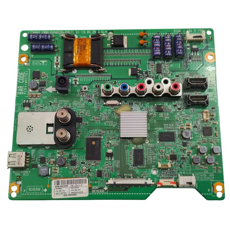 Tarjeta principal LG EAX65264006 42LN5200 vista frontal Main Board LG EAX65264006 vista frontal con puertos HDMI, componente y sintonizador