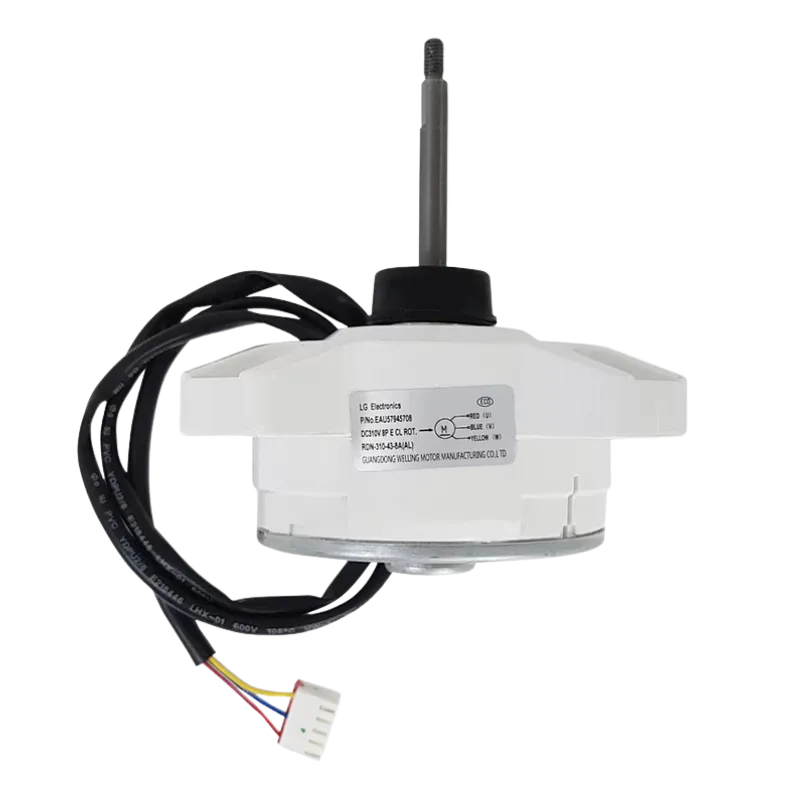 Motor DC Fan Outdoor LG EAU57945708 original para condensadora, vista frontal con eje roscado y arnés de 4 hilos con conector de 4 pines
