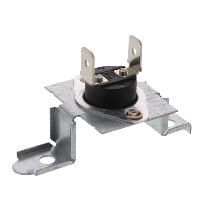 Termostato de límite alto LG 6931EL3004B para secadora, vista lateral tres cuartos con soporte metálico y dos terminales