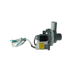 Bomba Samsung DC81-00695A vista lateral derecha, etiqueta del motor y doble conexión de manguera