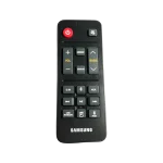 Control remoto Samsung AH81-11699A original, vista frontal con botones Power, Mute, VOL, BASS, Bluetooth, D.IN, AUX, reproducción y USB