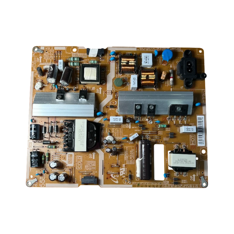 Fuente de alimentación BN44-00804A para TV Samsung 55", vista superior; tarjeta L55CS1_FHS 160W con disipadores de aluminio y conectores AC/DC.