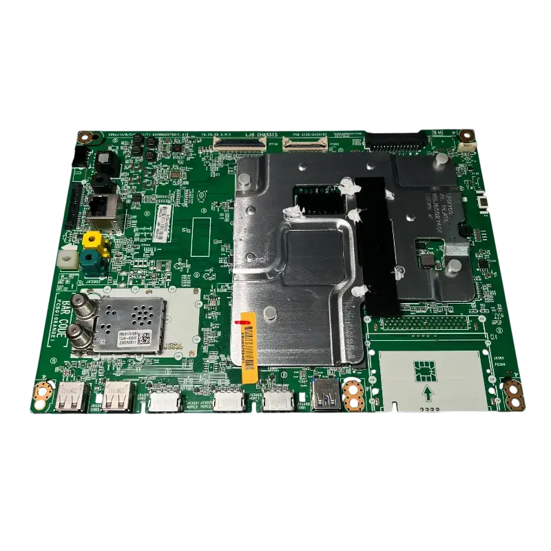 Main Board LG EBU63755401 – Vista Superior Completa Main Board LG EBU63755401 vista superior con blindaje, puertos HDMI/USB, doble RF, RJ45 y conectores LVDS