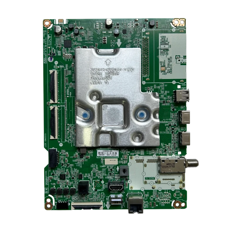 main board lg ebu66334302 vista superior con blindaje central puertos hdmi usb lan y sintonizador rf