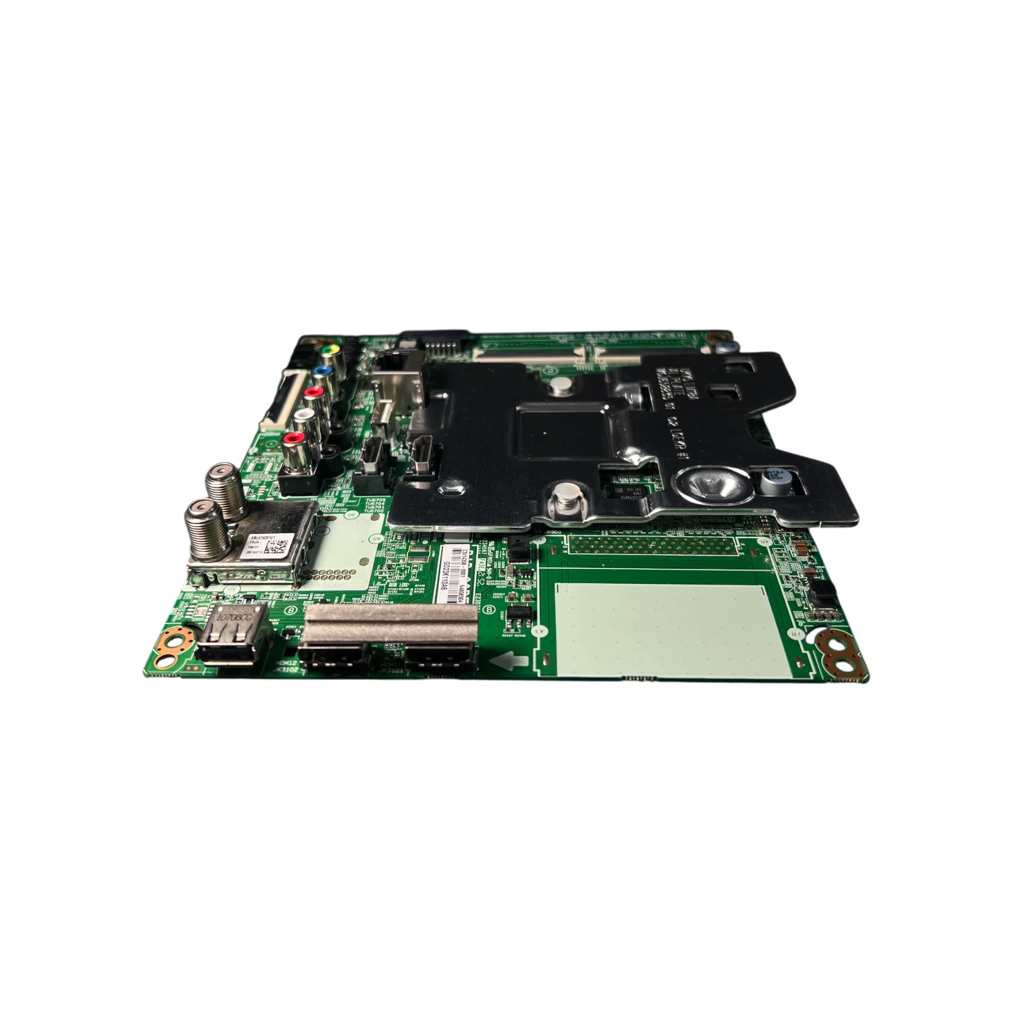 Main board LG EBU64808504 con blindaje metálico y puertos AV, vista en ángulo 3/4