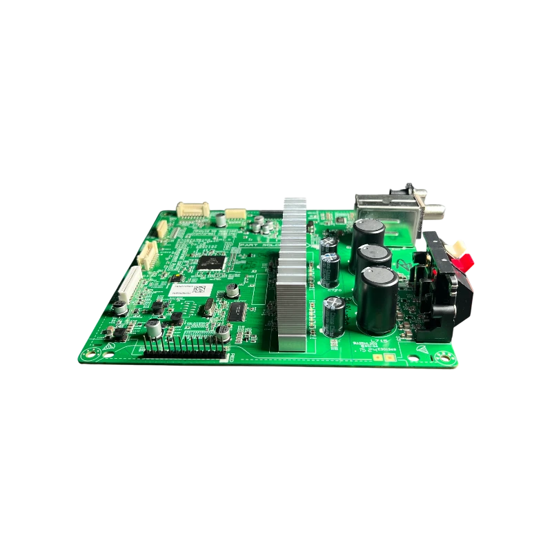 Main board EBR83763302 para equipo de sonido, vista en ángulo con disipador y capacitores