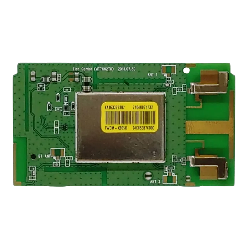 Módulo WiFi EAT63377302 LG 43LK5700PDC – Vista frontal Módulo Wifi/Bluetooth LG EAT63377302 LGSBWAC72 vista frontal con blindaje y antenas