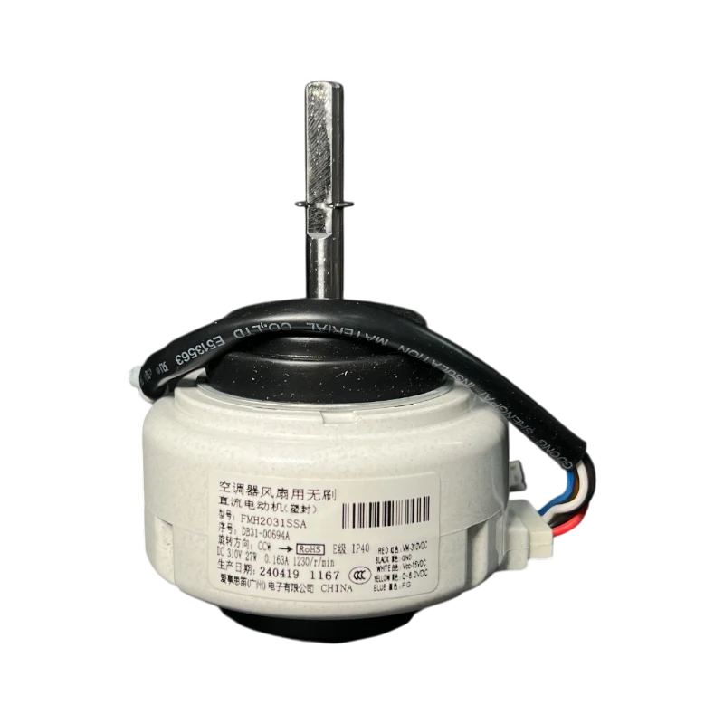 DB31-00694A (FMH2031SSA) – vista frontal Motor DC DB31-00694A FMH2031SSA 310V 1230RPM para ventilador interior Samsung – vista frontal con eje y etiqueta