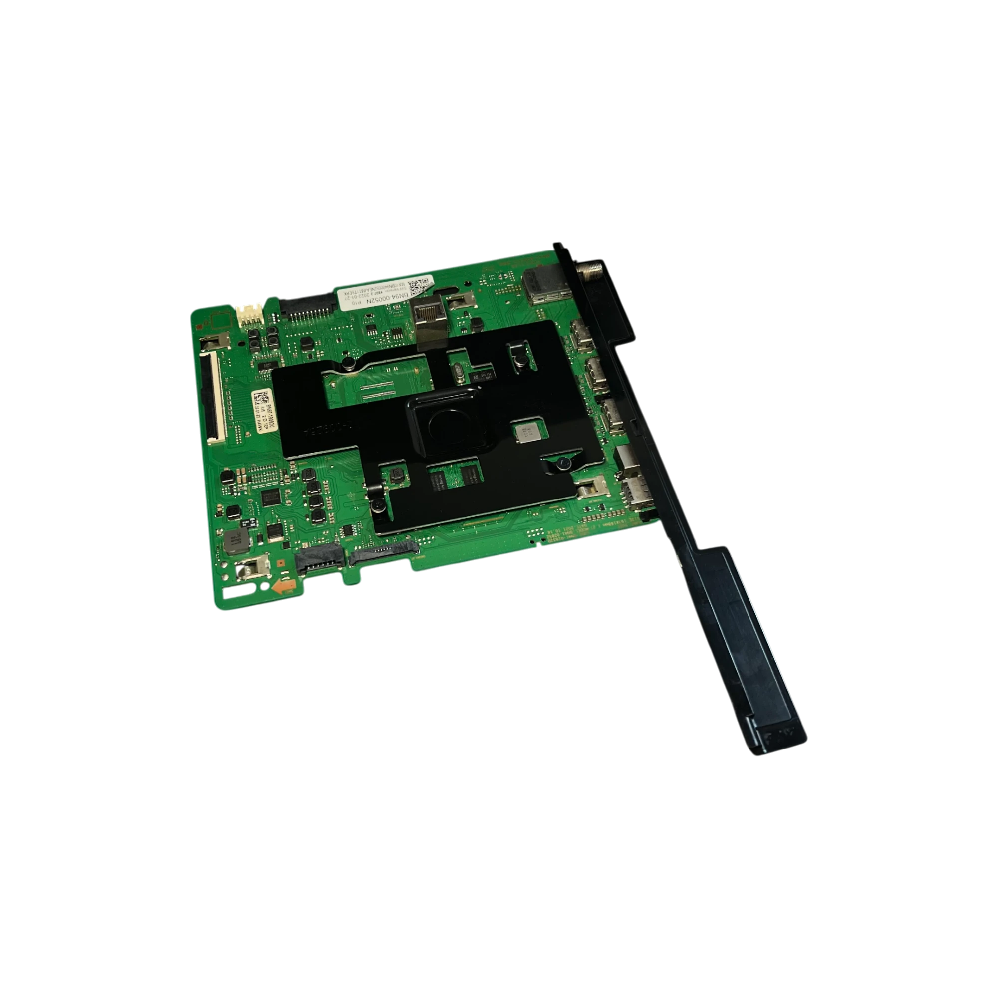 PCB Main Board Samsung BN94-00052N AU7000C para UN58AU7000 YA02 en perspectiva con blindaje negro y módulo de puertos lateral