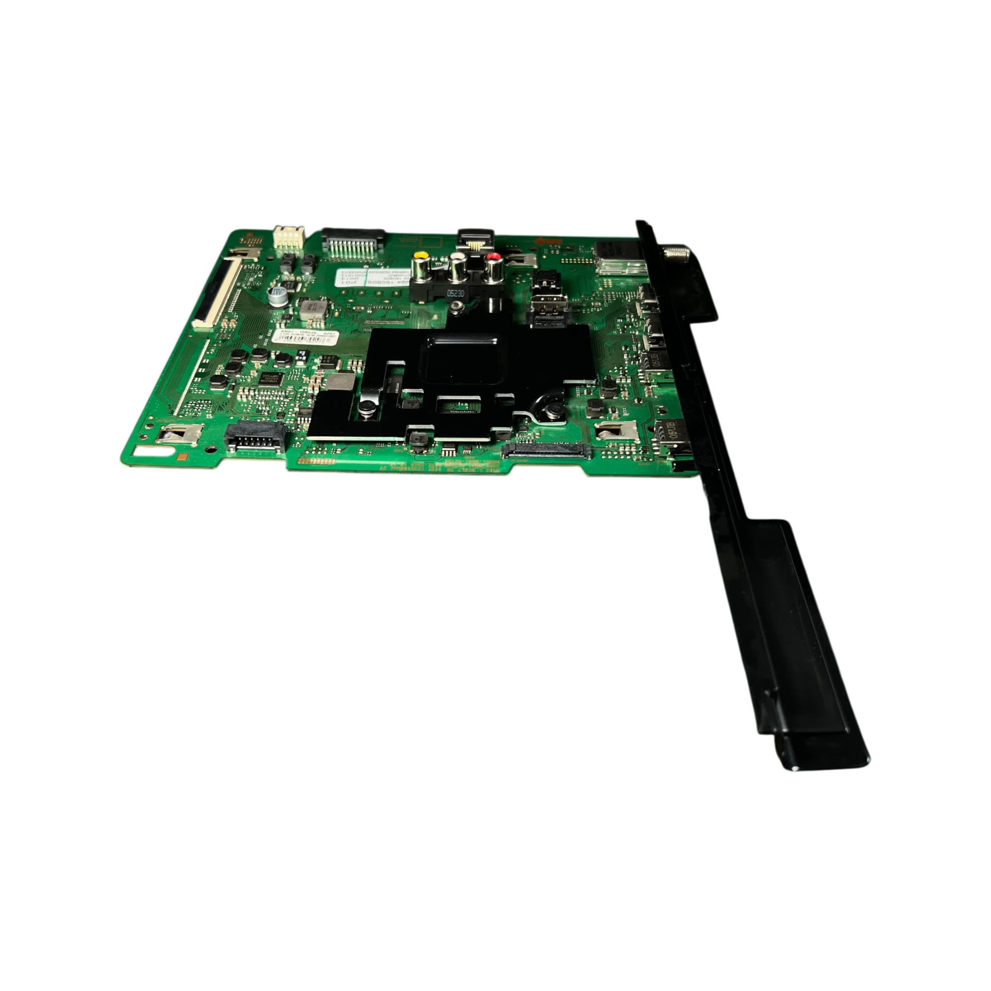 Main board Samsung BN94-16080S para TV TU8000, vista lateral baja con blindaje negro y zona de puertos