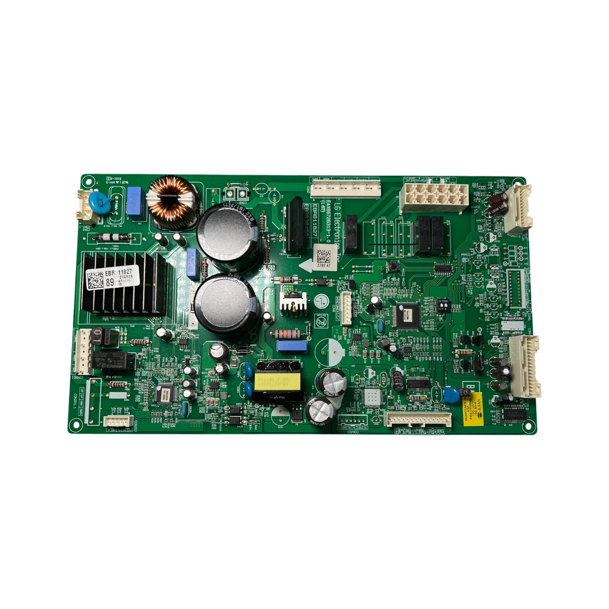PCB Main Board LG EBR81182789 para refrigerador, vista frontal con disipador, bobina y capacitores