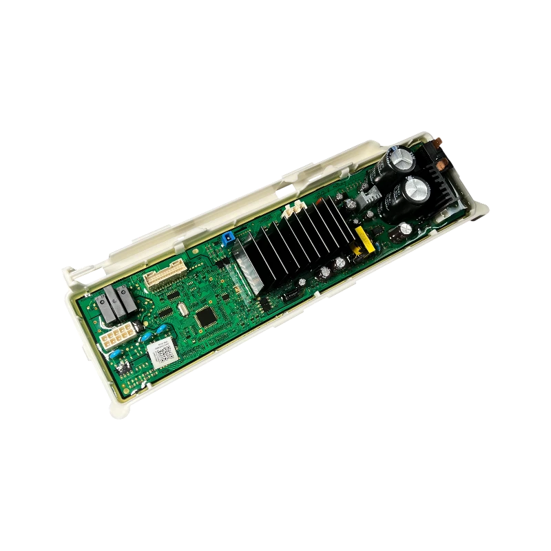 PCB main board DC92-02388K para lavadora Samsung WF6000R, vista en ángulo; disipador negro, dos capacitores grandes y carcasa blanca.