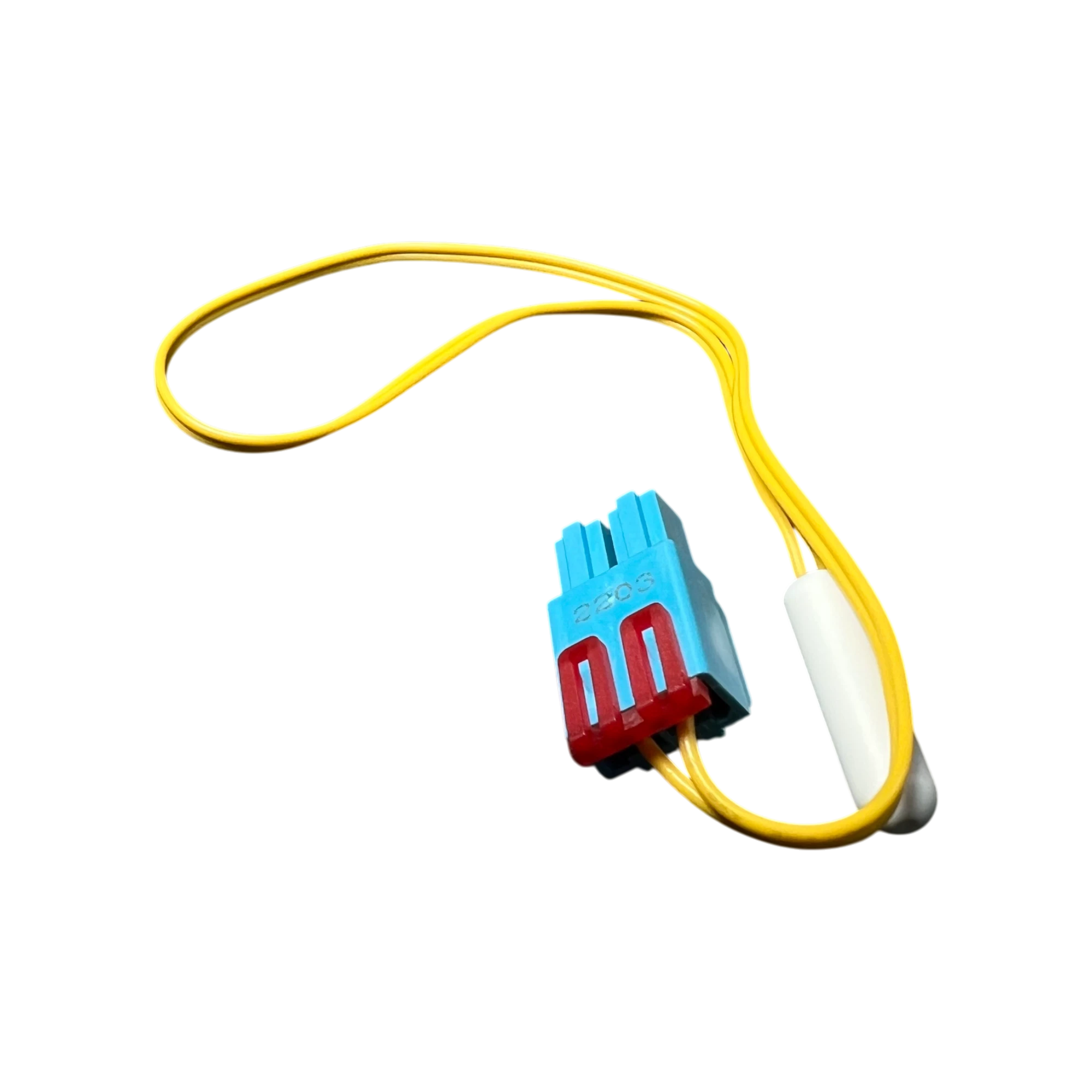 Sensor de temperatura Samsung DA32-00011C NTC con cable amarillo y conector azul con clip rojo.