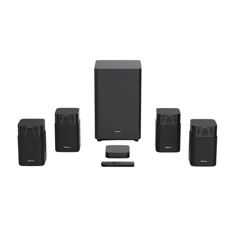 Sistema de sonido, teatro en casa Hisense HT Saturn 4.1.2 canales con subwoofer y parlantes negros