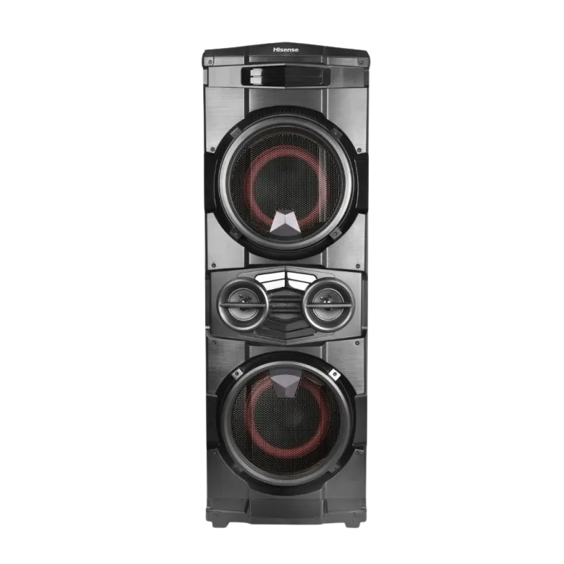 Torre de sonido Hisense HP140 800W vista frontal con doble woofer de 8" y tweeters de 3", aro LED rojo.