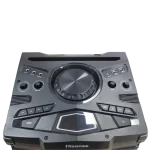 Panel superior de control Hisense HP140 con perillas, Party Chain, EQ, USB y entradas de micrófono.