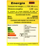 Etiqueta RETIQ aire acondicionado Hisense Amatista Inverter 12000 BTU 110V, modelo AS-12TW1CE, consumo 150,48 kWh/mes, eficiencia 2,80 W/W, clase E, mini split pared