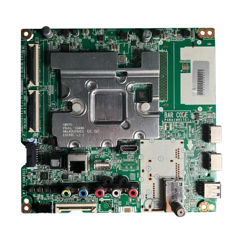 Main Board LG EBT64076502 para TV 55EG910T vista en ángulo con puertos RCA y HDMI.
