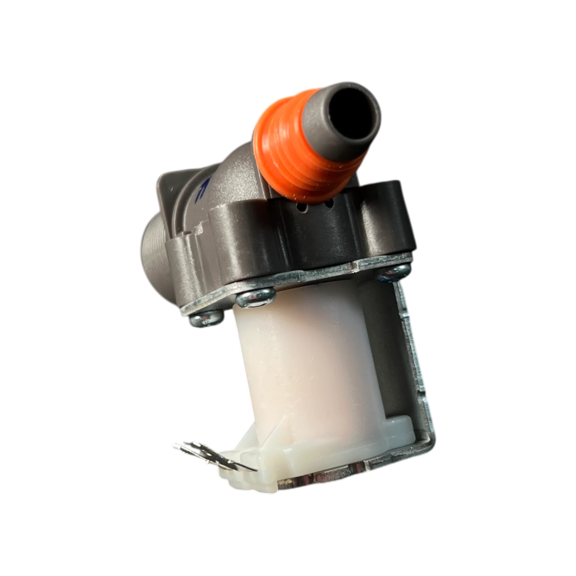 Válvula de lavadora Samsung DC62-00217E vista frontal Válvula de entrada de agua DC62-00217E para lavadora Samsung vista frontal con boquilla naranja