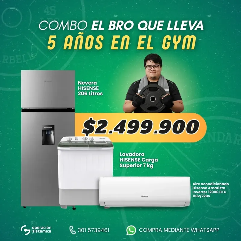 Combo El Bro que lleva 5 años en el gym Hisense 206L + Lavadora 7kg + Amatista Inverter 12000BTU | Operación Sistémica Combo El Bro que lleva 5 años en el gym con nevera Hisense 206L, lavadora 7kg y aire acondicionado Amatista Inverter 12000 BTU
