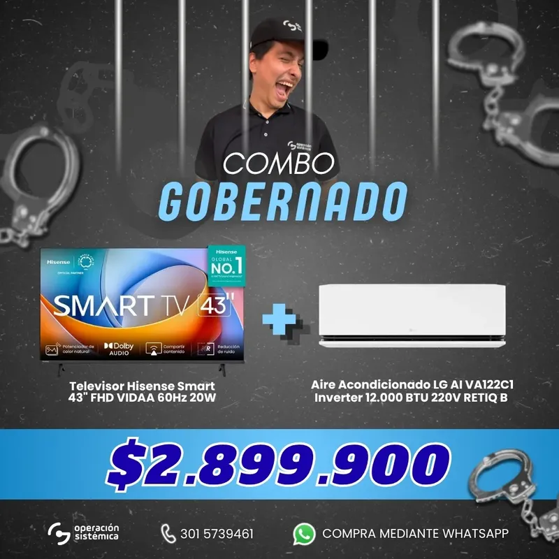Combo Gobernado con TV Hisense 43” FHD VIDAA y aire acondicionado LG AI VA122C1 Inverter 12000 BTU