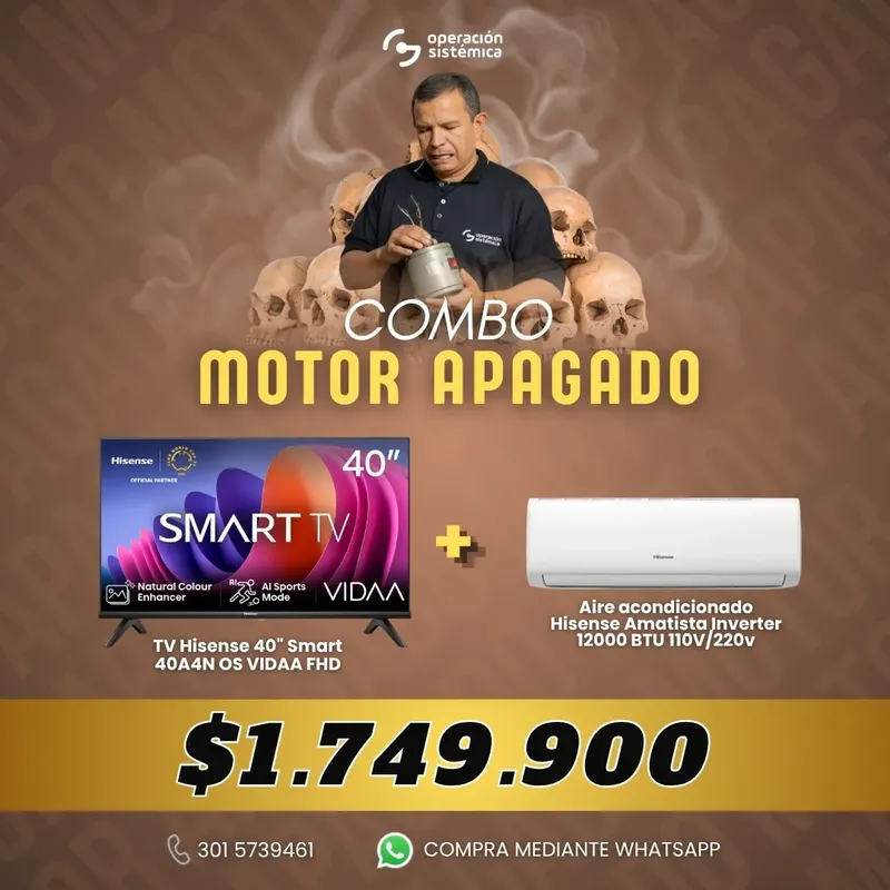 Combo Motor Apagado Hisense 40A4N + Aire Acondicionado Amatista 12000 BTU | Operación Sistémica Combo Motor Apagado con TV Hisense 40A4N 40" FHD y Aire Acondicionado Hisense Amatista Inverter 12000 BTU
