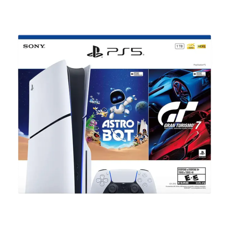 PS5 Estándar 1TB Bundle Vista Frontal PS5 Estándar 1TB con Gran Turismo 7 y Astro Bot vista frontal