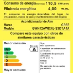Acondicionador de Aire GREE GWH12AWDXE-S3DTA4A – Eficiencia Energética A Etiqueta de eficiencia energética del acondicionador de aire GREE GWH12AWDXE-S3DTA4A, consumo de energía 110,5 kWh/mes, eficiencia energética 4,00 Wt/We, clasificación A