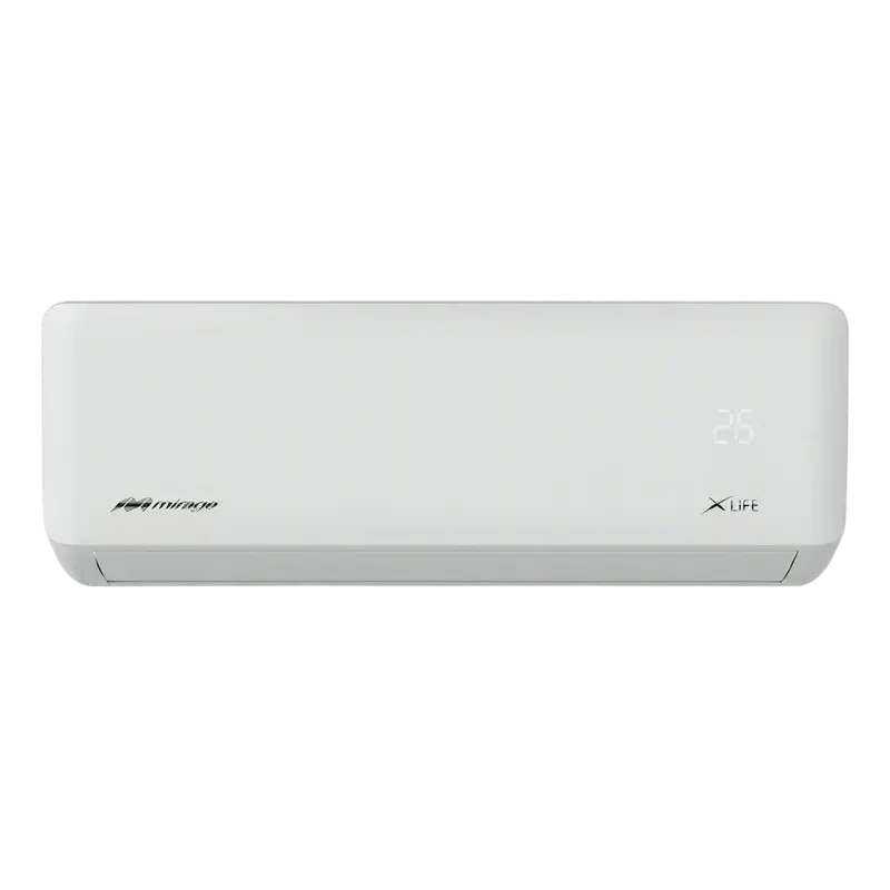 Aire acondicionado blanco con pantalla digital y logotipos de Inverter y XLife