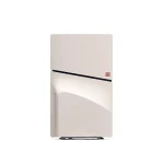 Calefactor eléctrico blanco con diseño moderno y logo rojo