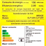 Etiqueta de eficiencia energética de acondicionador de aire Mirage ELF120H-CLF120H, consumo de energía 156 kWh/mes, eficiencia energética 2.80 Wt/We