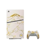 PlayStation 5 y mando con diseño de montaña Fuji en oro y blanco, decoración japonesa