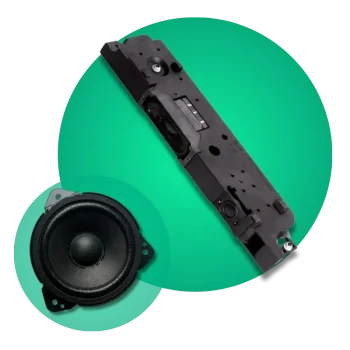 Altavoz circular y barra de sonido negra sobre fondo verde, componentes de audio